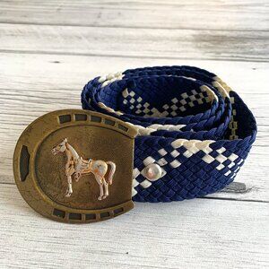 Vintage Western Braided Nylon Belt Brass Horseshoe Horse Buckle